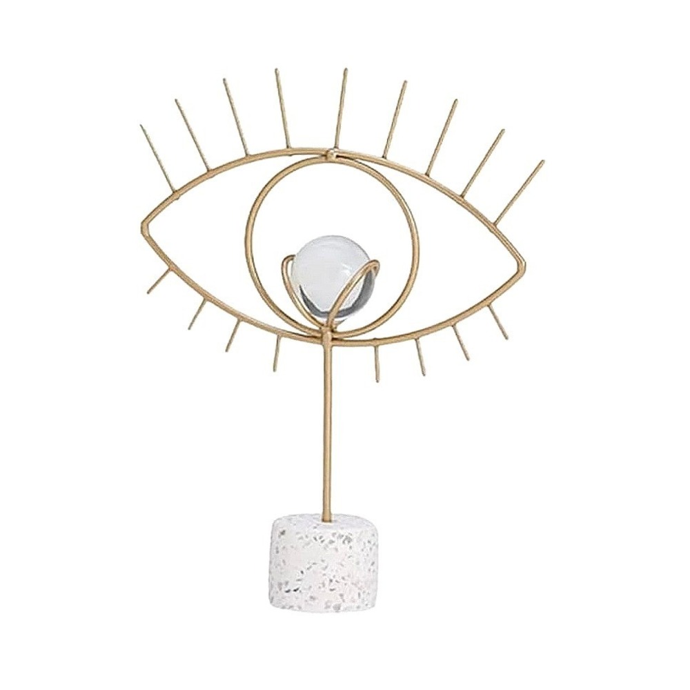 Gold Metal Evil Eye Sculpture with Removable Glass Ball and Speckled Base Decor